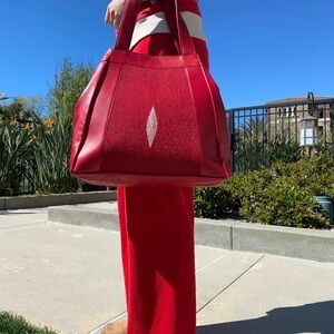 Real Stingray Red Leather Tote Bag